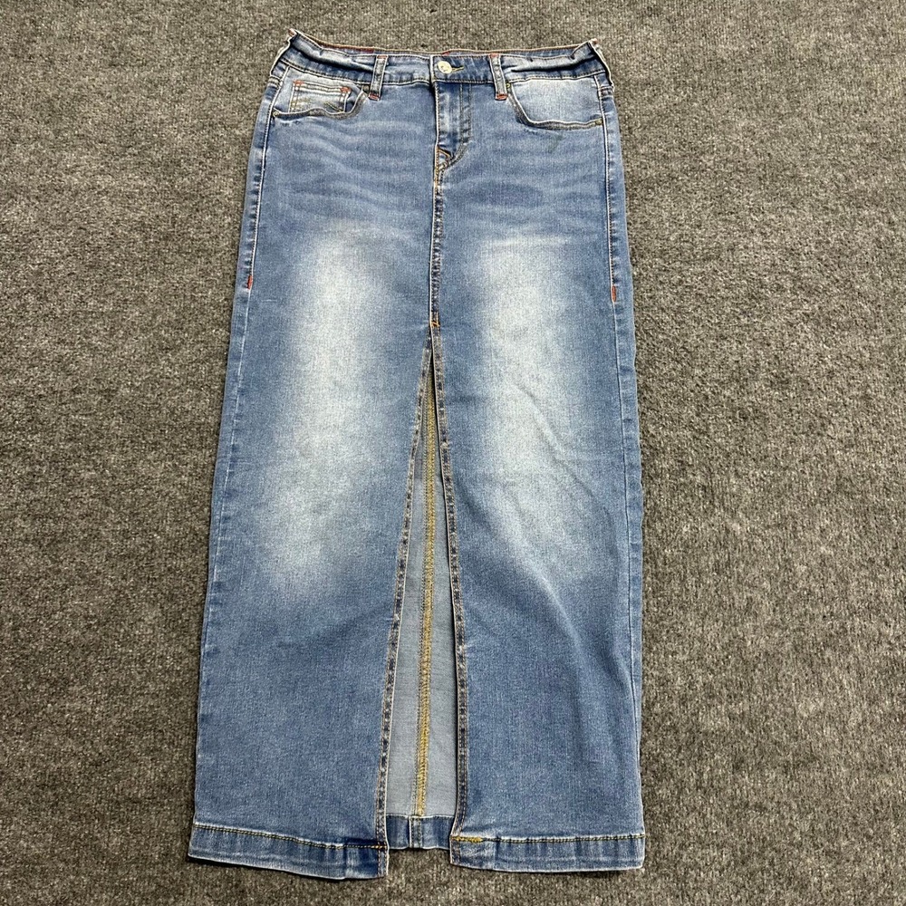 True Religion Denim Skirt Womens 26 Blue Viscose Blend Maxi Front Slit Stretch